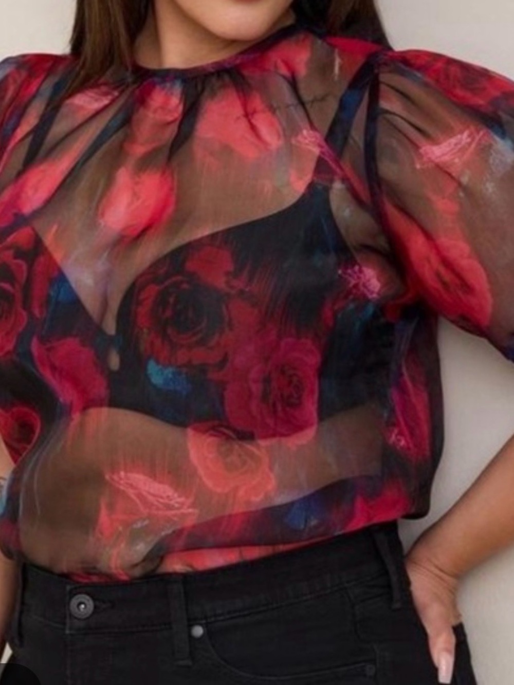 torrid Sheer Red Floral Puff-Sleeve Blouse